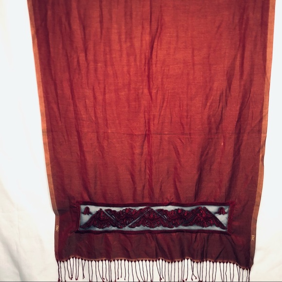 D&C Scarf Red Beige Embroidered Silky 27”X 70” - Picture 6 of 14